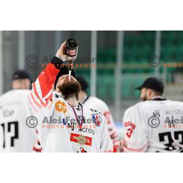 Andrej Hebar of SIJ Acroni Jesenice celebrate Slovenian Championship ice-hockey title after victory in fifth match v of the Final between SZ Olimpija and SIJ Acroni Jesenice in Ljubljana, Slovenia on May 10, 2021