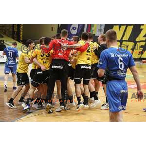 Players of Gorenje Velenje celebrate victory at 1.NLB league handball match between Gorenje Velenje and Celje Pivovarna Lasko in Velenje, Slovenia on May 12, 2021