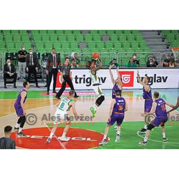 in action during semi-final of Nova KBM league basketball match between Cedevita Olimpija and Helios Suns in Ljubljana on May 14, 2021