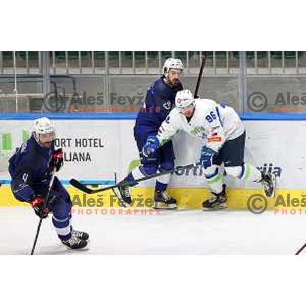 Rok Kapel in action during Beat Covid-19 ice-hockey tournament match between Slovenia and France in Tivoli Hall, Ljubljana on May 17, 2021
