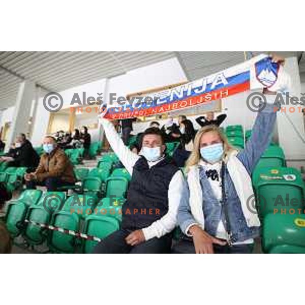 Fans of Slovenia around ice rink for the first time after Covid pandemic at Beat Covid-19 ice-hockey tournament match between Slovenia and France in Tivoli Hall, Ljubljana on May 17, 2021