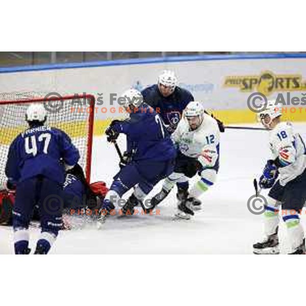 Nik Simsic, Ken Ograjensek in action during Beat Covid-19 ice-hockey tournament match between Slovenia and France in Tivoli Hall, Ljubljana on May 17, 2021