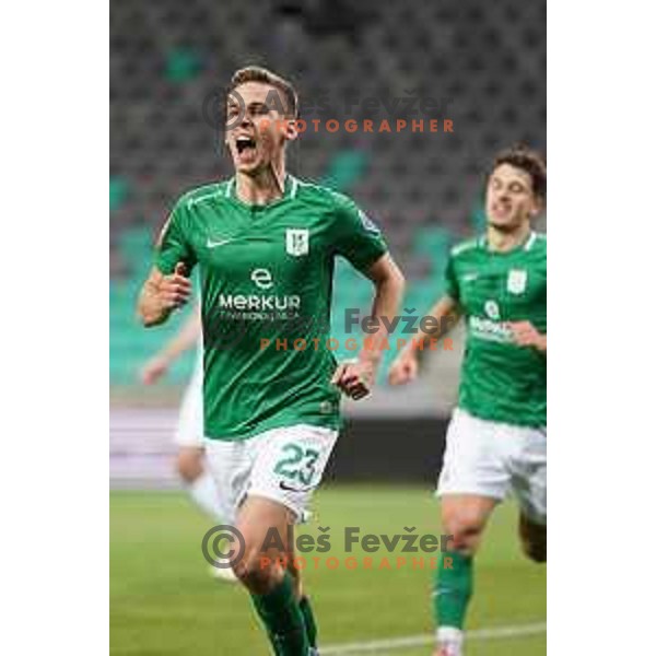 Nik Kapun of Olimpija celebrates goal during Prva Liga Telekom Slovenije 2020-2021 football match between Olimpija and Tabor CB 24 Sezana in SRC Stozice, Ljubljana, Slovenia on May 19, 2021