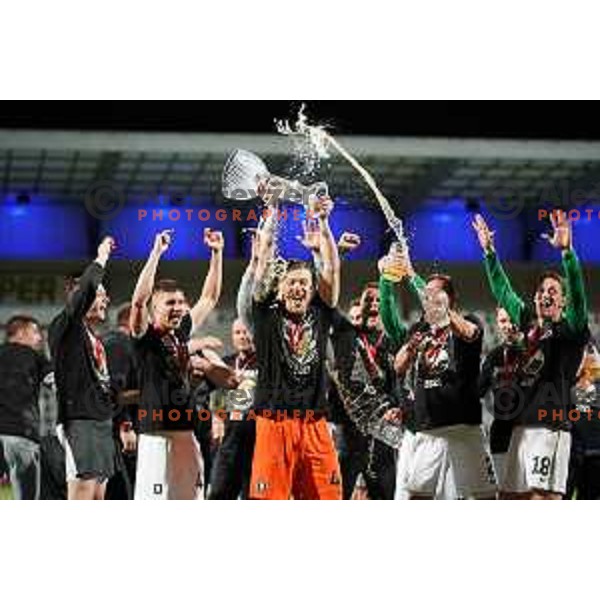 Players of Olimpija celebrate victory in Pivovarna Union Slovenian Cup Final between Koper and Olimpija in Koper, Slovenia on May 25, 2021
