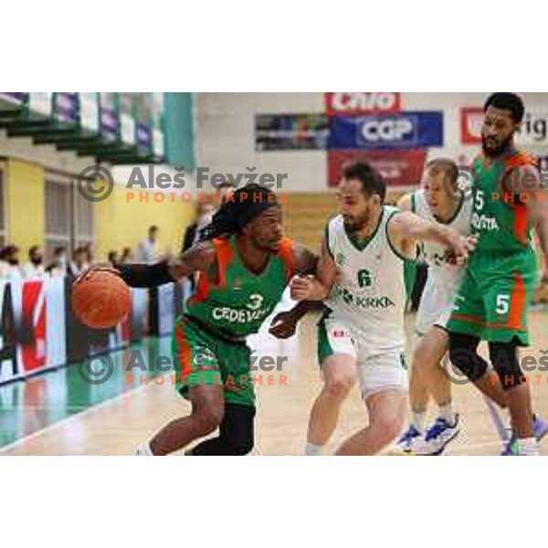 Kendrick Perry and Rok Stipcevic in action during second game of the Final of Nova KBM league between Krka and Cedevita Olimpija in Novo Mesto on May 28, 2021