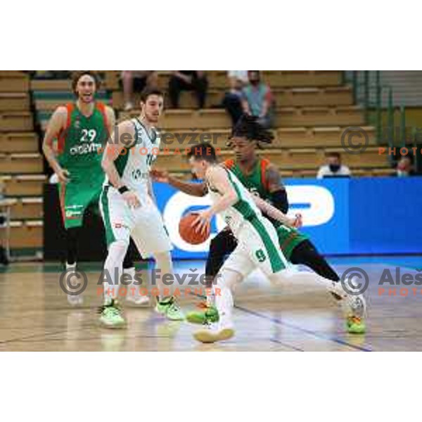 Nejc Baric and Rion Brown in action during second game of the Final of Nova KBM league between Krka and Cedevita Olimpija in Novo Mesto on May 28, 2021