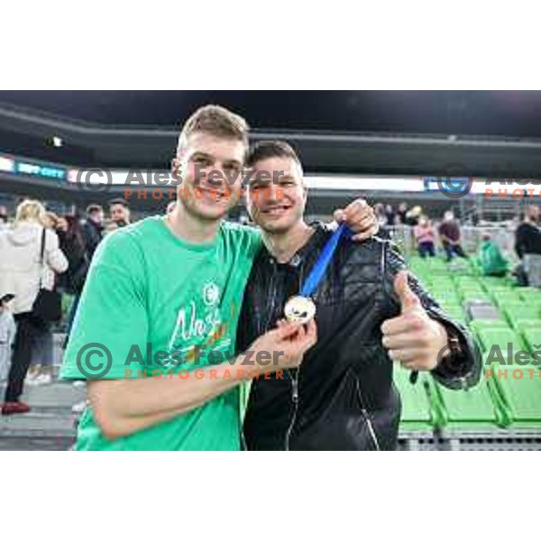 of Cedevita Olimpija celebrate Nova KBM league title after victory over Krka in Ljubljana on May 30, 2021