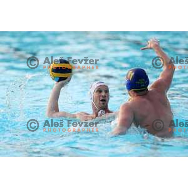 Matej Nastran of Calcit Kamnik in action during fourth match of the Waterpolo Final between Calcit Kamnik and Triglav in Kamnik, Slovenia on June 2, 2021