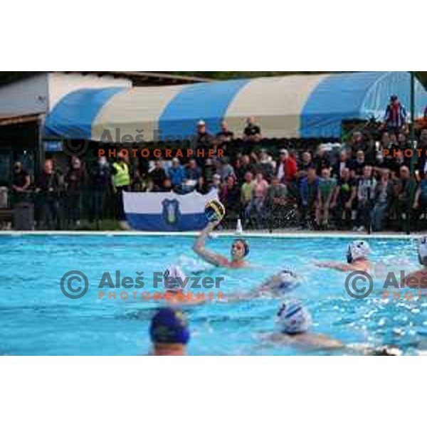 players of Calcit Kamnik celebrate Slovenian National Waterpolo Title after victory over Triglav Kranj in the fourth match of the Final in Kamnik, Slovenia on June 2, 2021