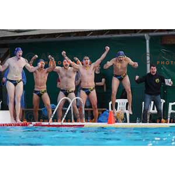 players of Calcit Kamnik celebrate Slovenian National Waterpolo Title after victory over Triglav Kranj in the fourth match of the Final in Kamnik, Slovenia on June 2, 2021
