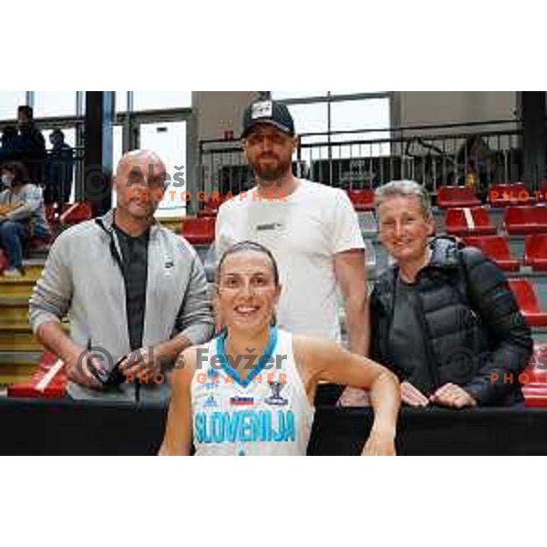 Father Matjaz, brother Jan, mother Stojanka pose with Teja Oblak after preparation match for Women’s EuroBasket 2021 between Slovenia and Poland in Ljubljana, Slovenia on June 7, 2021
