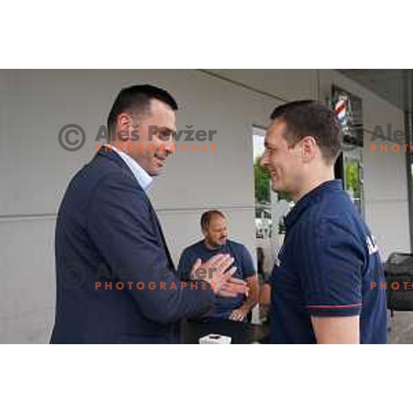 Jurij Mocnik and Head coach Aleksander Sekulovic at meeting of Slovenia Basketball team for Tokyo 2020 Qualification tournament before departing to base camp in Zrece, Slovenia on June 10, 2021