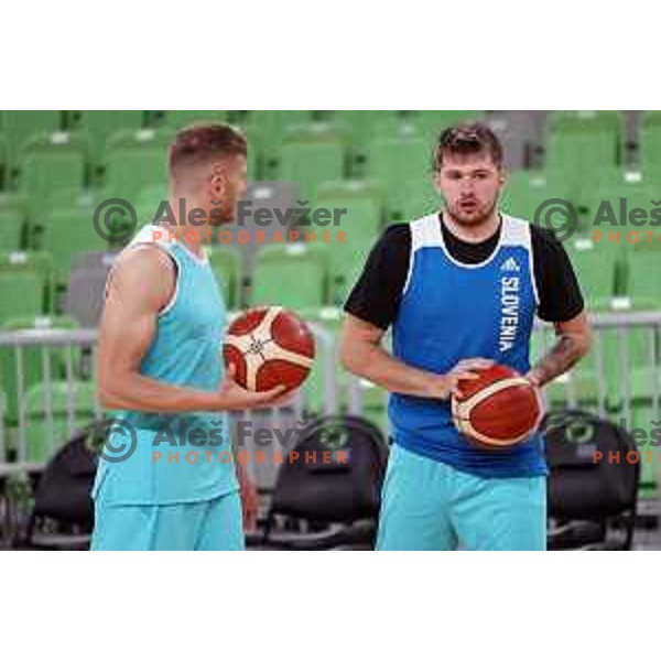 Edo Muric and Luka Doncic during practice session with Slovenia National team in Arena Stozice, Ljubljana, Slovenia on June 15, 2021