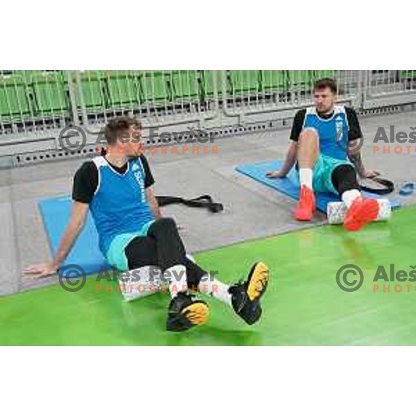 Zoran Dragic and Luka Doncic during practice session of Slovenia National team in Arena Stozice, Ljubljana, Slovenia on June 15, 2021