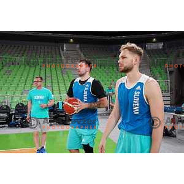 Luka Doncic and Jaka Blazic during practice session of Slovenia National team in Arena Stozice, Ljubljana, Slovenia on June 15, 2021