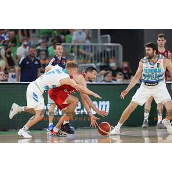 Luka Rupnik, Roko Leni Ukic and Mike Tobey in action during friendly basketball match in preparation for Olympic Qualification tournament between Slovenia and Croatia in Arena Stozice, Ljubljana, Slovenia on June 18, 2021