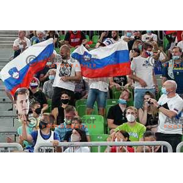 Slovenian fans during friendly basketball match in preparation for Olympic Qualification tournament between Slovenia and Croatia in Arena Stozice, Ljubljana, Slovenia on June 18, 2021