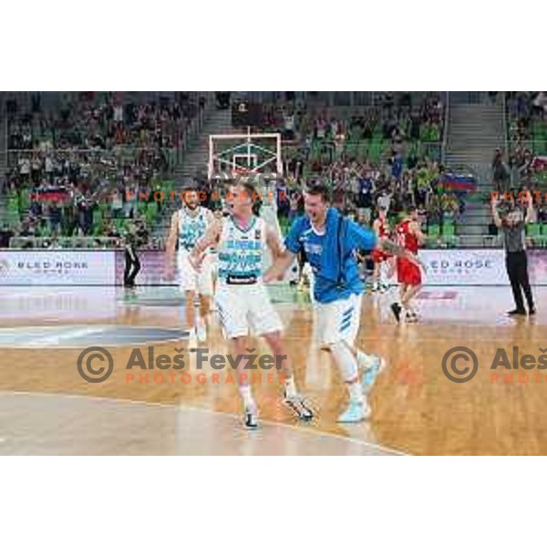Klemen Prepelic and Luka Doncic in action during friendly basketball match in preparation for Olympic Qualification tournament between Slovenia and Croatia in Arena Stozice, Ljubljana, Slovenia on June 18, 2021