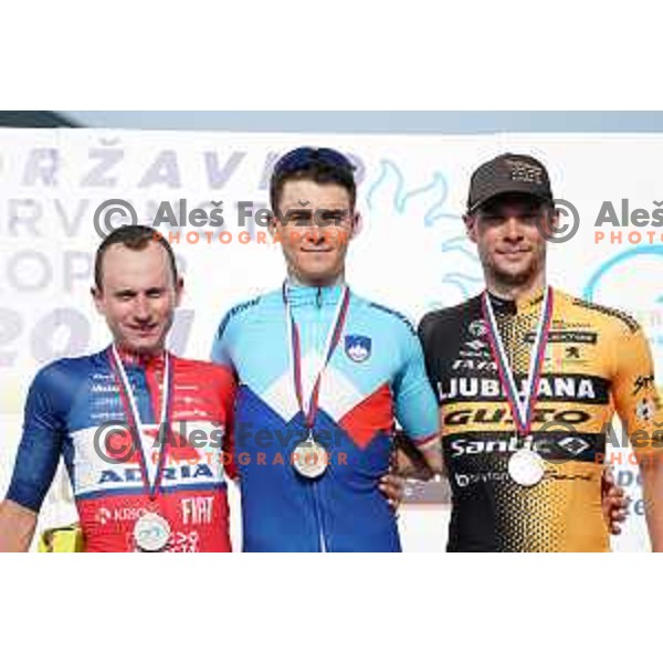 Kristjan Hocevar, Matevz Govekar, winner in Men’s U-23 category race (174 km) and Anze Skok at podium at Slovenian Road Championship in Koper, Slovenia on June 20, 2021