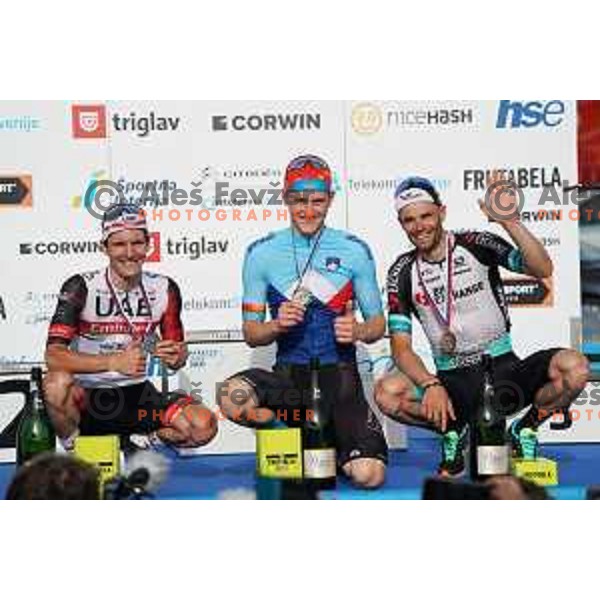 Jan Polanc (second placed), winner Matej Mohoric and Luka Mezgec (third placed) in Men’s Elite category race (174 km) at Slovenian Road Championship in Koper, Slovenia on June 20, 2021