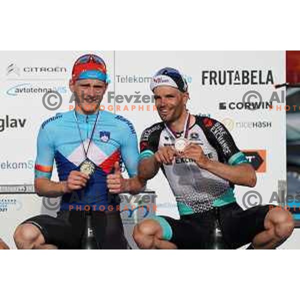 Winner Matej Mohoric and third placed Luka Mezgec in Men’s Elite category race (174 km) at Slovenian Road Championship in Koper, Slovenia on June 20, 2021