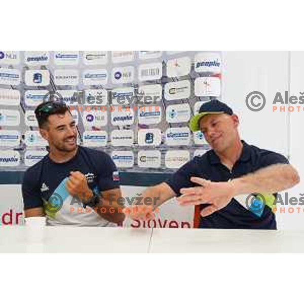 Zan Luka Zelko, member of Slovenia Sailing team for Tokyo 2020 Summer Olympic games and Mitja Margon during press conference in Portoroz, Slovenia on July 7, 2021