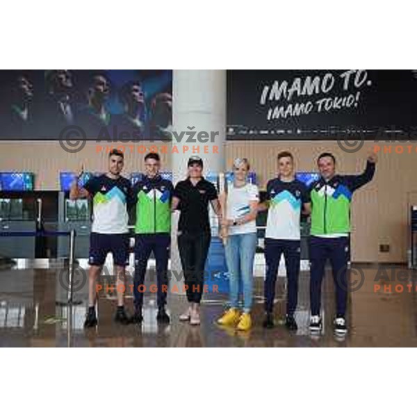 Bojan Tokic and members of Slovenia Olympic Table Tennis team during farewell meeting with Urska Zolnir and Petra Majdic of Slovenska bakla at Ljubljana Airport, Brnik on July 17, 2021