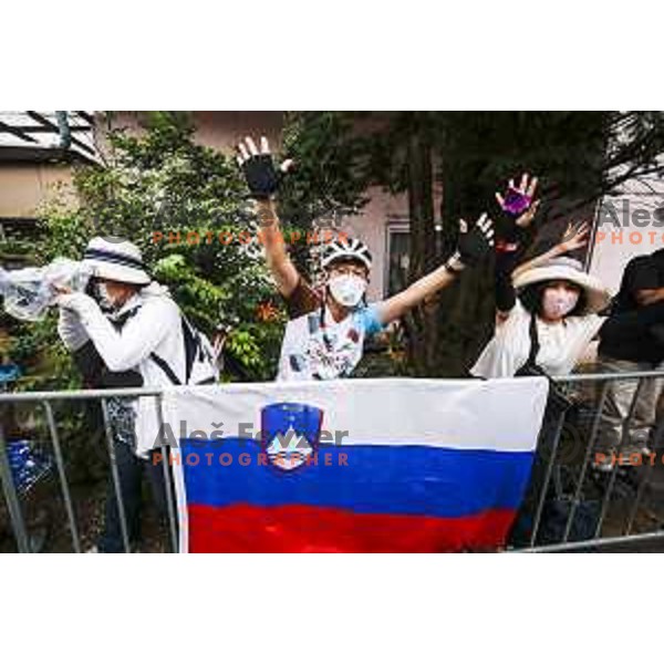 Japanese fans of team Slovenia during Men’s Road Race from Musashinonomori Park to Fuji International Speedway (234 km) at Tokyo 2020 Summer Olympic Games, Japan on July 24, 2021