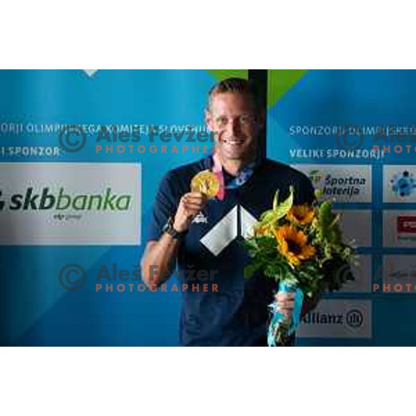 Benjamin Savsek, Olympic canoe slalom C-1 champion during reception at Ljubljana Airport, Slovenia on July 28, 2021