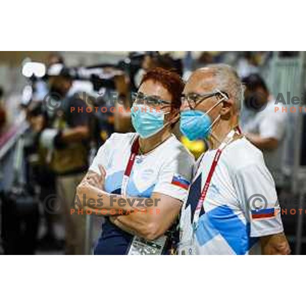 Coach Polonca Sladic and Miro Cerar attend the final of Women’s Rifle 3 positions at Tokyo 2020 Summer Olympic Games, Japan on August 31, 2021