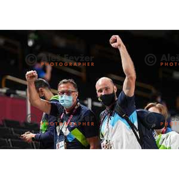 Andrej Jelenc and Vid Kavticnik during men’s group C preliminary round basketball match between Slovenia and Spain in Saitama Super Arena at Tokyo 2020 Summer Olympic Games, Japan on August 1, 2021