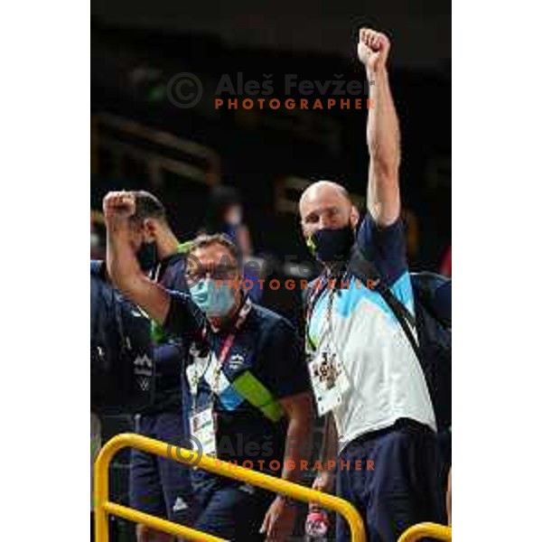 Andrej Jelenc and Vid Kavticnik during men’s group C preliminary round basketball match between Slovenia and Spain in Saitama Super Arena at Tokyo 2020 Summer Olympic Games, Japan on August 1, 2021