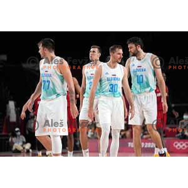 Luka Doncic, Vlatko Cancar, Zoran Dragic and Mike Tobey during quarter-final of Men’s Basketball between Slovenia and Germany in Saitama Super Arena at Tokyo 2020 Summer Olympic Games, Japan on August 3, 2021