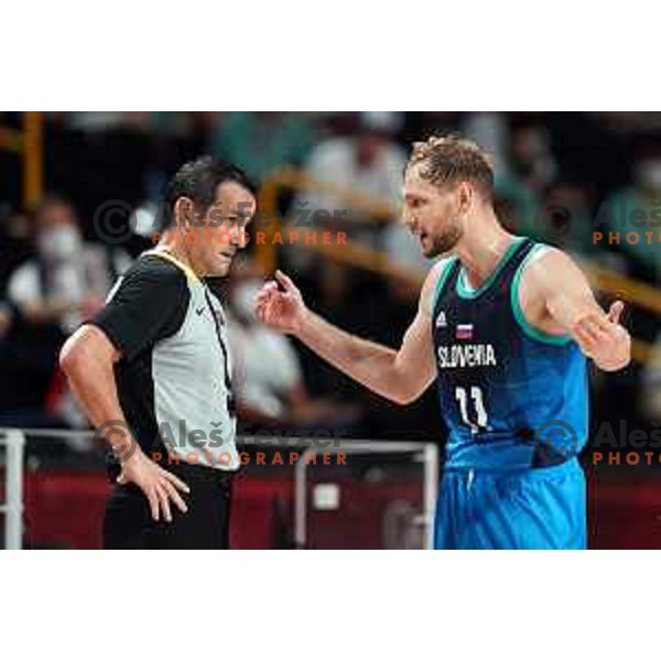 Jaka Blazic discusses with referee during semi-final of Men’s Basketball between Slovenia and France in Saitama Super Arena at Tokyo 2020 Summer Olympic Games, Japan on August 5, 2021 