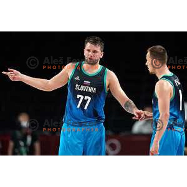 Luka Doncic and Klemen Prepelic during semi-final of Men’s Basketball between Slovenia and France in Saitama Super Arena at Tokyo 2020 Summer Olympic Games, Japan on August 5, 2021 