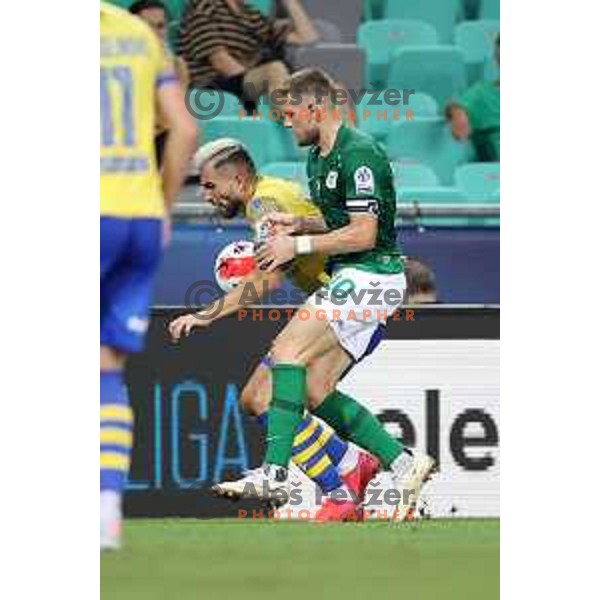 Maks Barisic and Timi Max Elsnik in action during Prva Liga Telemach football match between Olimpija and Koper in Ljubljana, Slovenia on August 15, 2021
