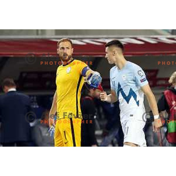 Jan Oblak and Benjamin Sesko in action during FIFA World Cup 2022 Qualifiers match between Slovenia and Slovakia at Arena Stozice, Ljubljana, Slovenia on September 1, 2021