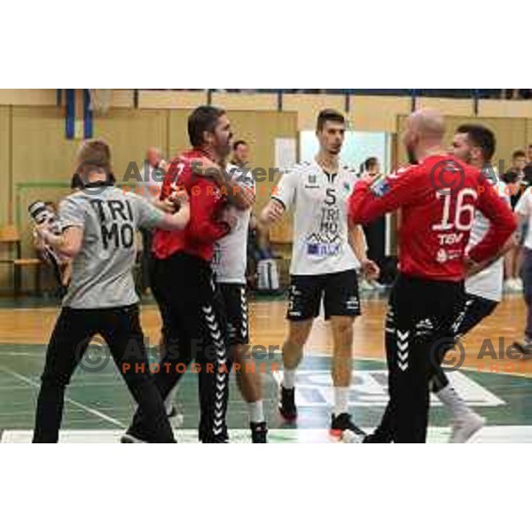 Players of Trimo Trebnje celebrate victory during 1.NLB leasing league handball match between Trimo Trebnje and Gorenje Velenje in Trebnje, Slovenia on September 10, 2021