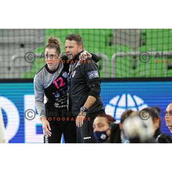 Barbara Arenhart and Uros Bregar, head coach of Krim Mercator during EHF Champions League Women 2021-2022 handball match between Krim Mercator (SLO) and Gyori Audi ETO KC (HUN) in Ljubljana, Slovenia on September 18, 2021