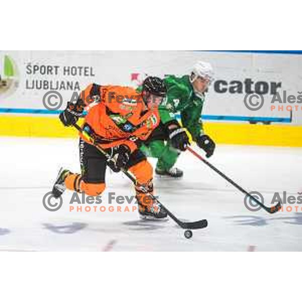 In action during IceHL match between SZ Olimpija and Graz 99ers in Tivoli Hall, Ljubljana, Slovenia on September 19, 2021
