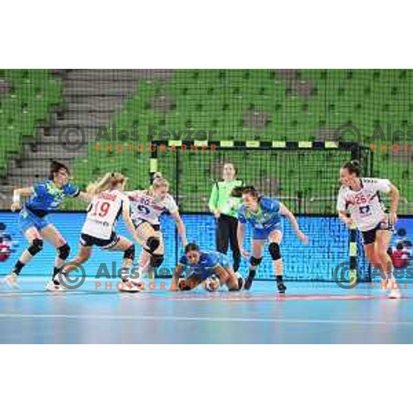 Elizabeth Omoregie and Nina Zulic in action during EURO Cup Women 2022 Group phase handball match between Slovenia and Norway in Ljubljana, Slovenia on October 10, 2021