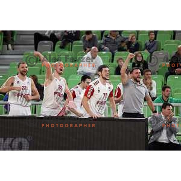 Players of FMP celebrate victory at ABA league regular season basketball match between Cedevita Olimpija and FMP in Stozice, Arena, Ljubljana, Slovenia on October 11, 2021 