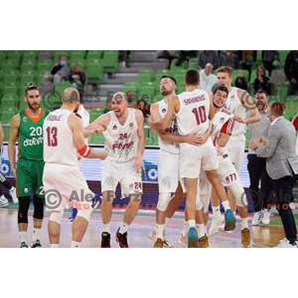 Players of FMP celebrate victory at ABA league regular season basketball match between Cedevita Olimpija and FMP in Stozice, Arena, Ljubljana, Slovenia on October 11, 2021 