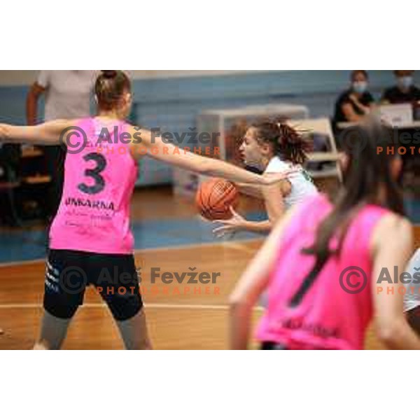 action during 1.SKL women basketball match between Jezica and Cinkarna Celje in Ljubljana, Slovenia on October 9, 2021