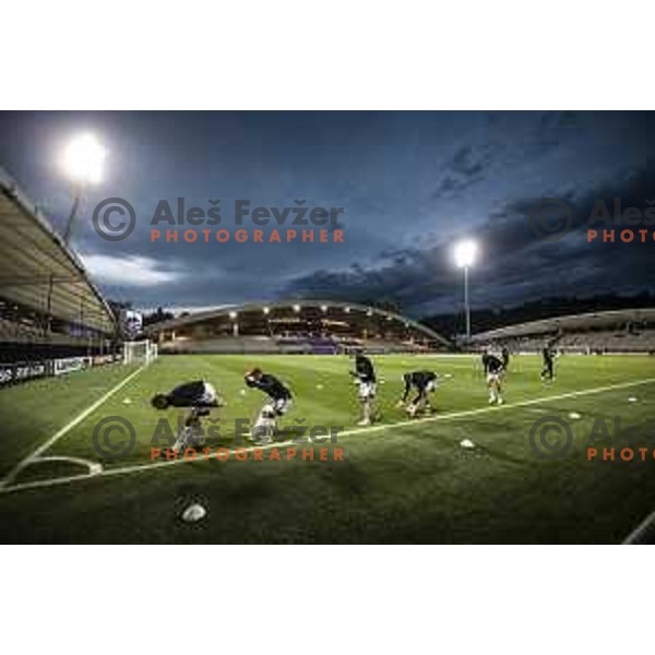 Matic Marusko, Klemen Sturm and other players of Mura warming up prior to UEFA Europa Conference League football match between NS Mura and Stade Rennais FC in Ljudski vrt, Maribor, Slovenia on October 21, 2021