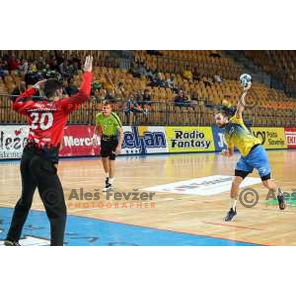 Gal Marguc in action during 1.NLB leasing league handball match between Celje PL and Loka in Celje, Slovenia on Oktober 22, 2021