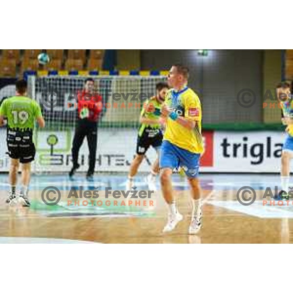 Vid Poteko in action during 1.NLB leasing league handball match between Celje PL and Loka in Celje, Slovenia on Oktober 22, 2021