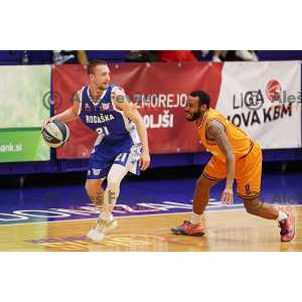 Domen Bratoz and Carlbe Lee Ervin in action during Nova KBM league basketball match between Helios Suns and Rogaska in Domzale, Slovenia on November 1, 2021
