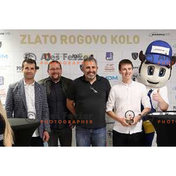 Past winners Andrej Hauptman, Martin Hvastja, Jure Pavlic in company of Tadej Pogacar, winner of Rog\'s Golden Bike ( Zlato Rogovo Kolo) for 2021 in Ljubljana, Slovenia on November 4, 2021