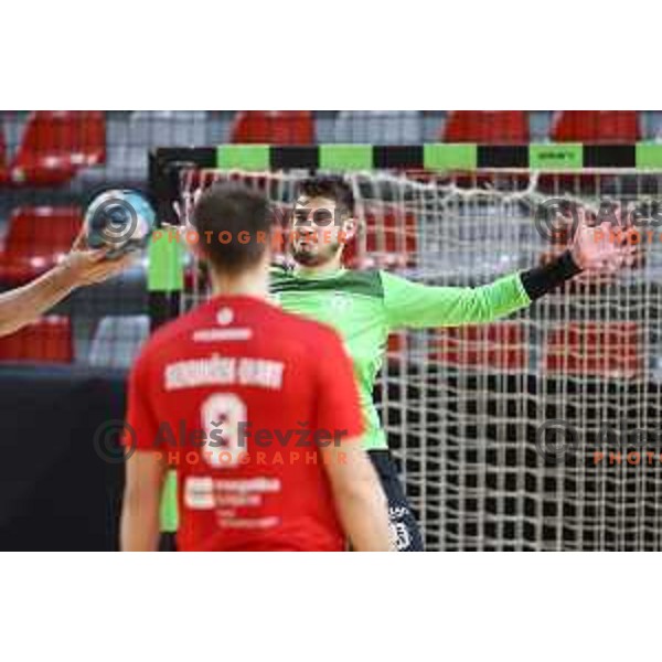 in action during 1.NLB league handball match between Grosist Slovan and Trimo Trebnje in Kodeljevo Hall, Ljubljana, Slovenia on November 5, 2021